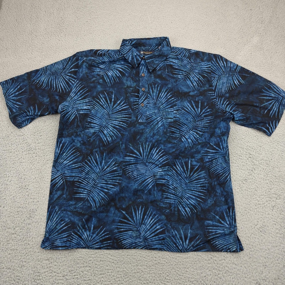 Pete Huntington Polo Shirt Mens XL Blue Palm Leaf Batik Cotton Hawaiian Tropical